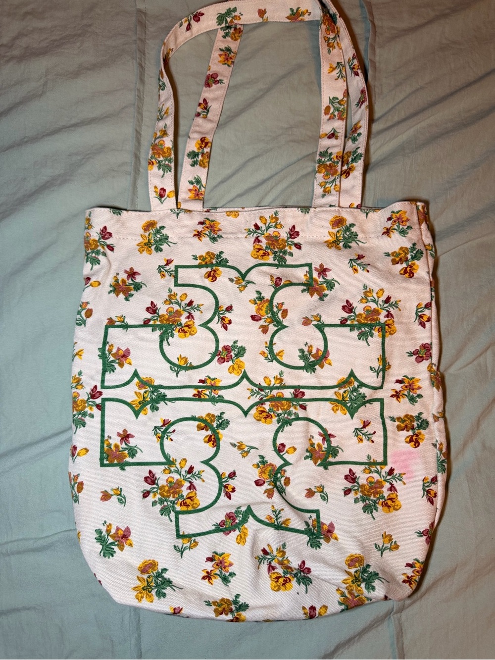 Tory Burch Floral Print Canvas Tote Bag in White with Green Detail